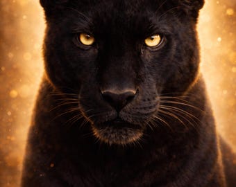 Panther Wandbild hell & modern, schwarzer Panther Poster, Tierkunst Wohnzimmer, Wildlife Presence, golden light wall Art digital