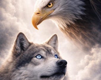 Dual Energy Wildlife – Wolf und Adler Poster, Duo Tierkunst mit leuchtenden Augen, Schwarz Weiß Wandbild modern, Art Print