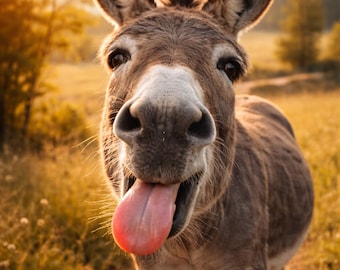Póster divertido de un burro con la lengua fuera, arte mural de burro, animal gracioso, póster divertido de animales de granja, arte mural de animales, idea de regalo