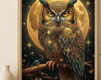 Mystische Gold-Eule Poster – Ornamentale Fantasy Eule vor Mond – Elegante Fine Art Illustration als PDF in DinA1-A5