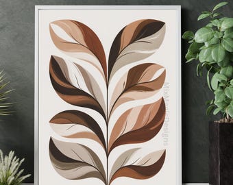 Póster botánico abstracto en tonos tierra: formas de hojas modernas, arte mural bohemio escandinavo, descarga digital en PDF para tamaños A1-A5.