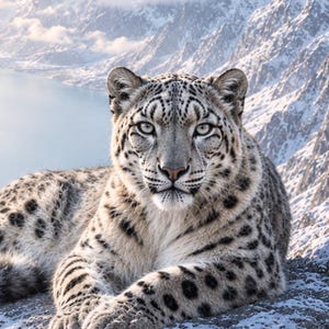 Puede incluir: Un leopardo de las nieves con pelaje grueso blanco y gris cubierto de rosetas y manchas negras, descansando sobre una repisa rocosa cubierta de nieve. El felino tiene ojos claros penetrantes, una cola larga y un paisaje montañoso de fondo.