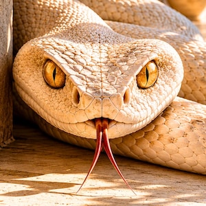 May include: A close-up of a cream-coloured snake with yellow eyes and a forked red tongue. The snake is resting on a stone surface, with a textured pattern. The image is taken in natural light, with shadows and greenery in the background.