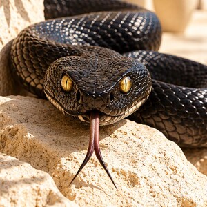 Pode incluir: Um close-up de uma cobra preta com olhos amarelos e língua bifurcada. A cobra está enrolada em uma rocha clara. O fundo inclui um edifício branco e vegetação.