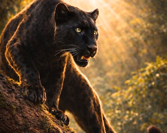 Póster de pantera, arte mural de animales salvajes, póster de naturaleza, decoración para sala de estar, regalo, presencia silenciosa de la vida salvaje dorada