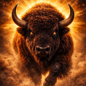 Könnte beinhalten: Eine digitale Illustration eines nach vorne stürmenden Bisons, vor einem feurigen orange-gelben Hintergrund. Der Bison ist braun mit großen Hörnern und intensiven orangefarbenen Augen. Staub und Partikel umgeben das Tier und erzeugen ein dynamisches und kraftvolles Bild.