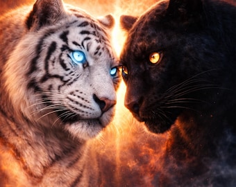 Dual Energy Wildlife – Panther & Weißer Tiger Poster, Duo Tierkunst mit leuchtenden Augen, Schwarz Weiß Wandbild modern, Art Print