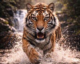 Tiger Poster Water Action, Modern Wildlife Wall Art, Running Tiger Picture, Gift Idea, Animal Picture for Living Room PDF DIN A1 - A5