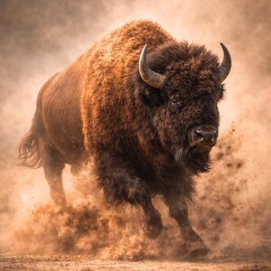 May include: A powerful bison running through a cloud of dust. The animal is brown with a thick, shaggy coat and curved horns. The image captures the bison in motion, kicking up dirt and creating a dynamic scene.