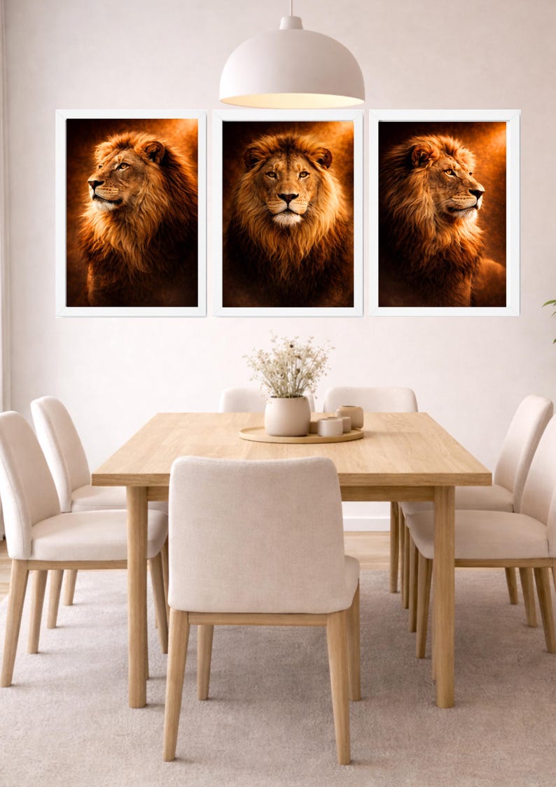 Lion Poster Set of 3 – Lion Wall Art Gold Light Wildlife Art Set ...