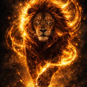 Könnte beinhalten: Digitale Illustration eines Löwen mit feuriger Mähne und leuchtender Aura. Der Löwe wird in einer dynamischen Pose dargestellt, mit Flammen und Funken, die von seinem Körper ausgehen, vor einem dunklen Hintergrund. Das Kunstwerk weckt ein Gefühl von Macht und Majestät.