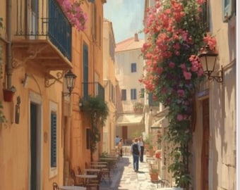 Póster de un callejón mediterráneo: Ilustración veraniega de un casco antiguo con estilo pictórico, colores cálidos y un toque italiano | PDF DIN A1–A5