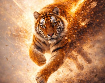 Póster de tigre con luz de movimiento, imagen moderna de animales dorados, arte mural de vida silvestre para decoración de sala de estar, arte imprimible, idea de regalo, DIN A1 A2 A3 A4 A5