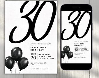 Editable 30th Birthday Invitation Template, Digital 30th Birthday Invite, 30th Birthday Evite, Canva Template, Printable Digital Download