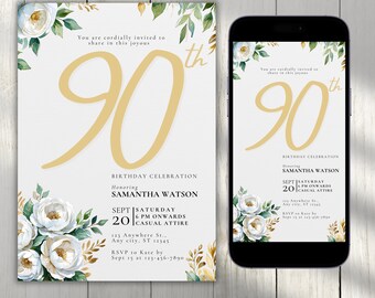 Editable 90th Birthday Invitation Template, Digital 90th Birthday Invite, 90th Birthday Evite, Canva Template, Printable Digital Download