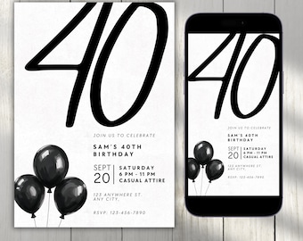 Editable 40th Birthday Invitation Template, Digital 40th Birthday Invite, 40th Birthday Evite, Canva Template, Printable Digital Download