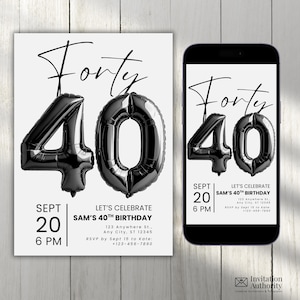 Pode incluir: Um convite de aniversário em preto e branco com a palavra "Forty" em itálico sobre balões pretos com o número "40". O convite inclui a data, hora e informações de RSVP.