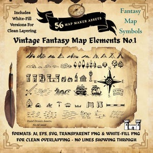 Kit per la creazione di mappe fantasy – Risorse per mappe di giochi di ruolo – Cartografia vintage disegnata a mano – PNG trasparenti e con riempimento bianco – Creazione di mondi per D&D – Download digitale