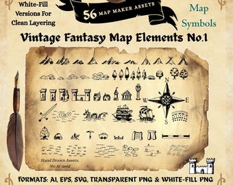 May include: A vintage-style digital art asset pack featuring 56 map maker assets. The image includes various fantasy map symbols, such as mountains, trees, castles, ships, and a compass rose. The text reads "Vintage Fantasy Map Elements No.1."