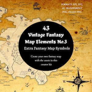 May include: A vintage-style map with a compass rose, a sailing ship, and various fantasy map elements. The image includes the text "43 Vintage Fantasy Map Elements No.3" and "Extra Fantasy Map Symbols". The map is on a parchment background.