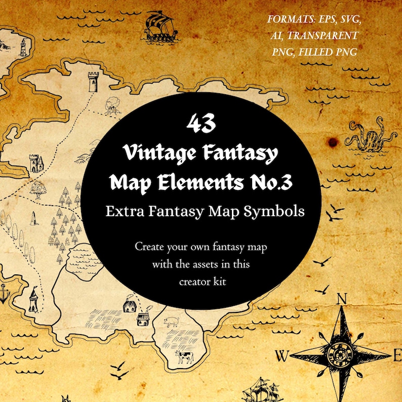 May include: A vintage-style map with a compass rose, a sailing ship, and various fantasy map elements. The image includes the text "43 Vintage Fantasy Map Elements No.3" and "Extra Fantasy Map Symbols". The map is on a parchment background.