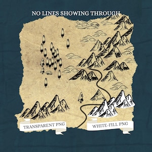 May include: A hand-drawn map illustration with mountains, trees, and a winding path. The map is on a parchment-like background with the text "NO LINES SHOWING THROUGH" at the top. Banners at the bottom read "TRANSPARENT PNG" and "WHITE-FILL PNG".