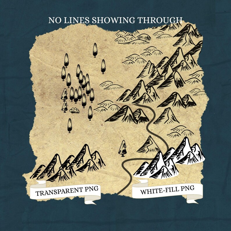 May include: A hand-drawn map illustration with mountains, trees, and a winding path. The map is on a parchment-like background with the text "NO LINES SHOWING THROUGH" at the top. Banners at the bottom read "TRANSPARENT PNG" and "WHITE-FILL PNG".