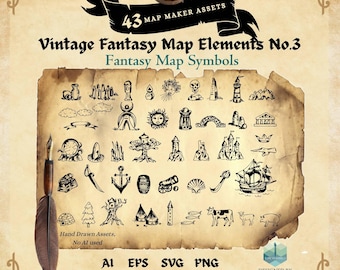 Fantasy Map Creator Kit – RPG Map Assets – Vintage Hand Drawn Cartography – Digital Download for DnD & World Building