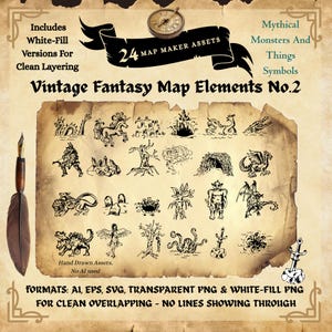 May include: A vintage-style digital art asset sheet featuring 24 hand-drawn fantasy map elements. Includes mythical creatures, monsters, and symbols. The sheet is designed for clean layering and is available in various formats.