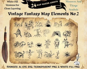 May include: A vintage-style digital art asset sheet featuring 24 hand-drawn fantasy map elements. Includes mythical creatures, monsters, and symbols. The sheet is designed for clean layering and is available in various formats.