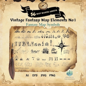 ファンタジーマップ作成キット – RPGマップアセット – ヴィンテージ手描き地図 – DnDとワールドビルディングのためのデジタルダウンロード