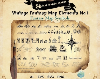 Fantasy Map Creator Kit – RPG Map Assets – Vintage Hand Drawn Cartography – Digital Download for DnD & World Building