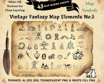 Fantasy Map Creator Kit – RPG Map Assets – Vintage Hand Drawn Cartography – Transparent & White-Fill PNGs – DnD World Building – Digital DL
