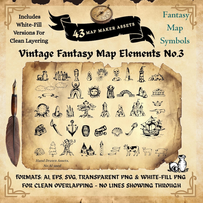 May include: Vintage fantasy map elements illustration with 43 hand-drawn assets. Includes a compass, a quill, and various symbols like a ship, castle, and anchor. The text reads "Vintage Fantasy Map Elements No.3".