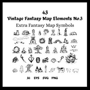 May include: Black and white illustration of 43 vintage fantasy map elements, including a ship, castle, anchor, and other symbols. The text reads "Vintage Fantasy Map Elements No.3 Extra Fantasy Map Symbols."