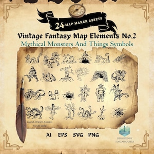 Fantasy Map Creator Kit – RPG Map Assets – Vintage Hand Drawn Cartography – Digital Download for DnD & World Building –  Mythical Creatures