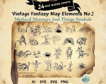Fantasy Map Creator Kit – RPG Map Assets – Vintage Hand Drawn Cartography – Digital Download for DnD & World Building –  Mythical Creatures