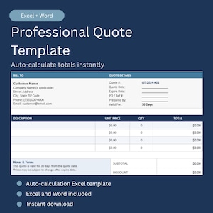 Professional Quote Template Excel | Auto Calculation | Small Business Estimate Form | Editable Word | Instant Download