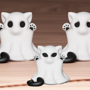 Cute Cat Ghost Paw Halloween | Adorable 3D Printed Ghost Cat Figurine | Kawaii Spooky Holiday Decor | Set of 4