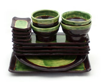 set of sushi dishes for 4 people, bottle green with brown