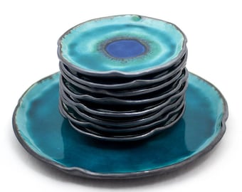 set of cornflower plates with an indigo eye, dessert plates for receiving guests