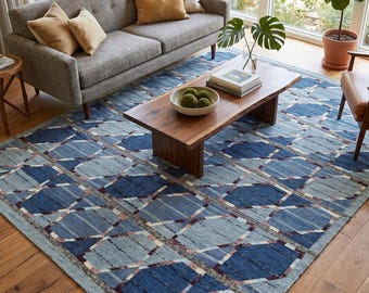 Blue Geometric Wool Flatweave Rug, Scandinavian Mid Century Area Carpet