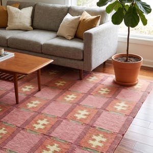 May include: A pink and orange patterned area rug with a geometric design. The rug is placed on a hardwood floor in a living room setting, with a gray sofa and a potted plant visible in the background.