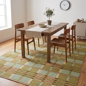 Slätvävd matta i vintagestil i svensk stil, modern rutig grön ullmatta, minimalistisk geometrisk