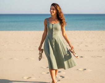 Sleeveless linen button-front midi dress, casual summer sundress with pockets, lightweight breathable outfit
