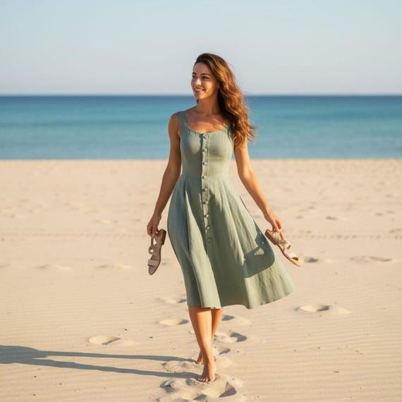 Sleeveless linen button-front midi dress, casual summer sundress with pockets, lightweight breathable outfit