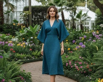 Teal Linen Midi Dress – Elegant V-Neck Kimono Sleeve Dress for Summer & Parties
