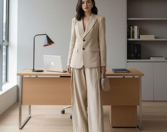 Handmade Beige Linen Suit - Elegant Blazer & Wide-Leg Trousers