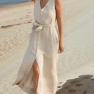 Linen sleeveless maxi dress, beach summer dress with belt, boho buttoned natural dress