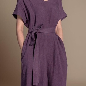 Handmade Purple Linen Dress: V-Neck Short Sleeve Midi with Pockets